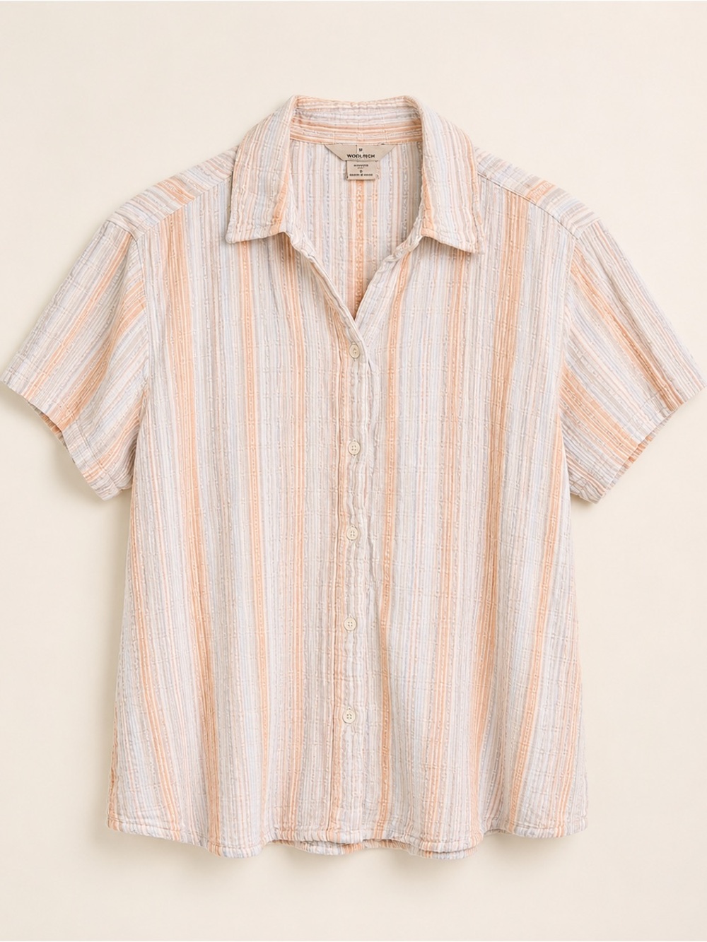 WOOLRICH Crinkle Cotton Shirt Size L Striped White Orange Collared Short Sleeve